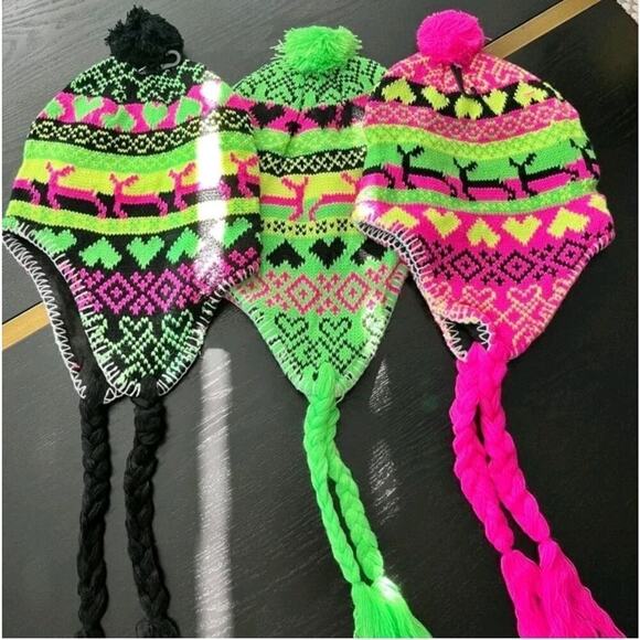 Bright Neon Colors Andean Style Chullo Ear Flap Trapper Hat Neon Green - Picture 3 of 5